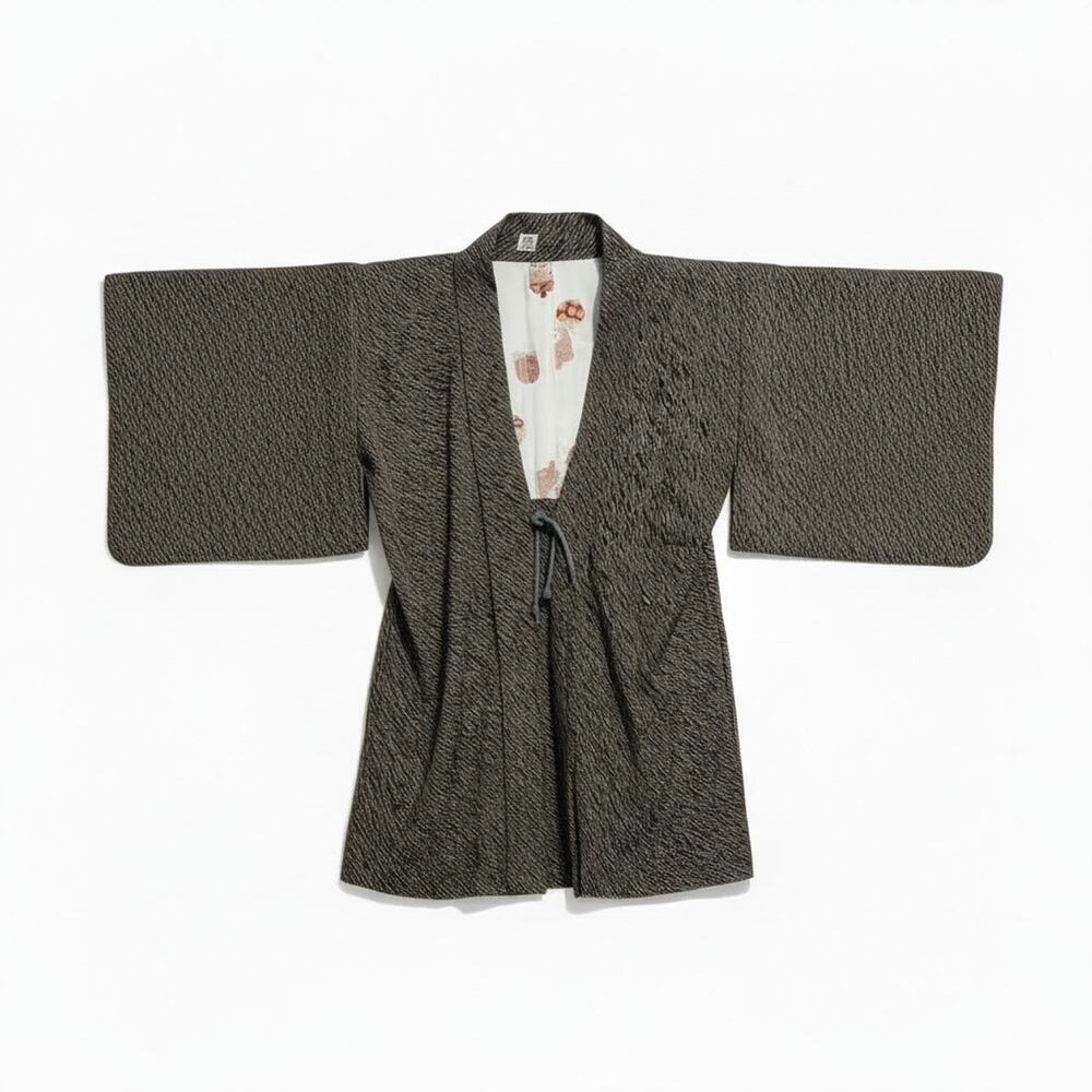 Japanese Vintage Haori 100% Silk Kimono Jacket Robe MCM Abstract Black Pattern